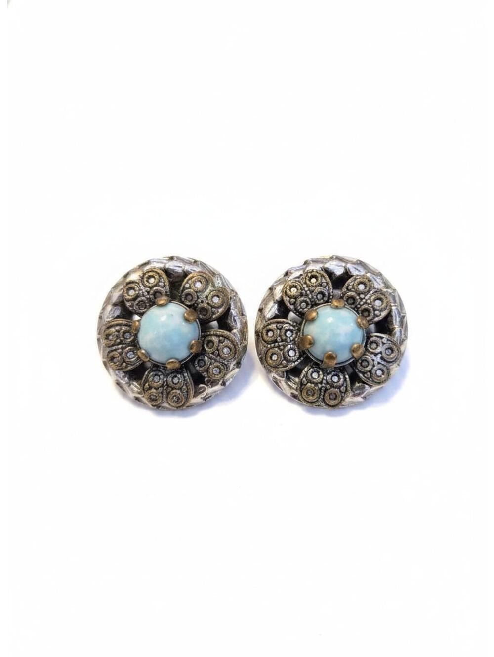 Vintage Round screwback Earrings with Blue Stone Center
